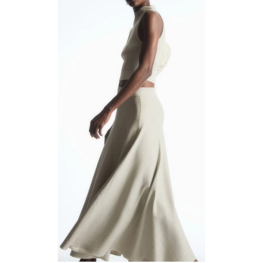 COS Asymmetric Flared Knitted Midi Skirt Beige Metallic Shimmer S Quiet Luxury